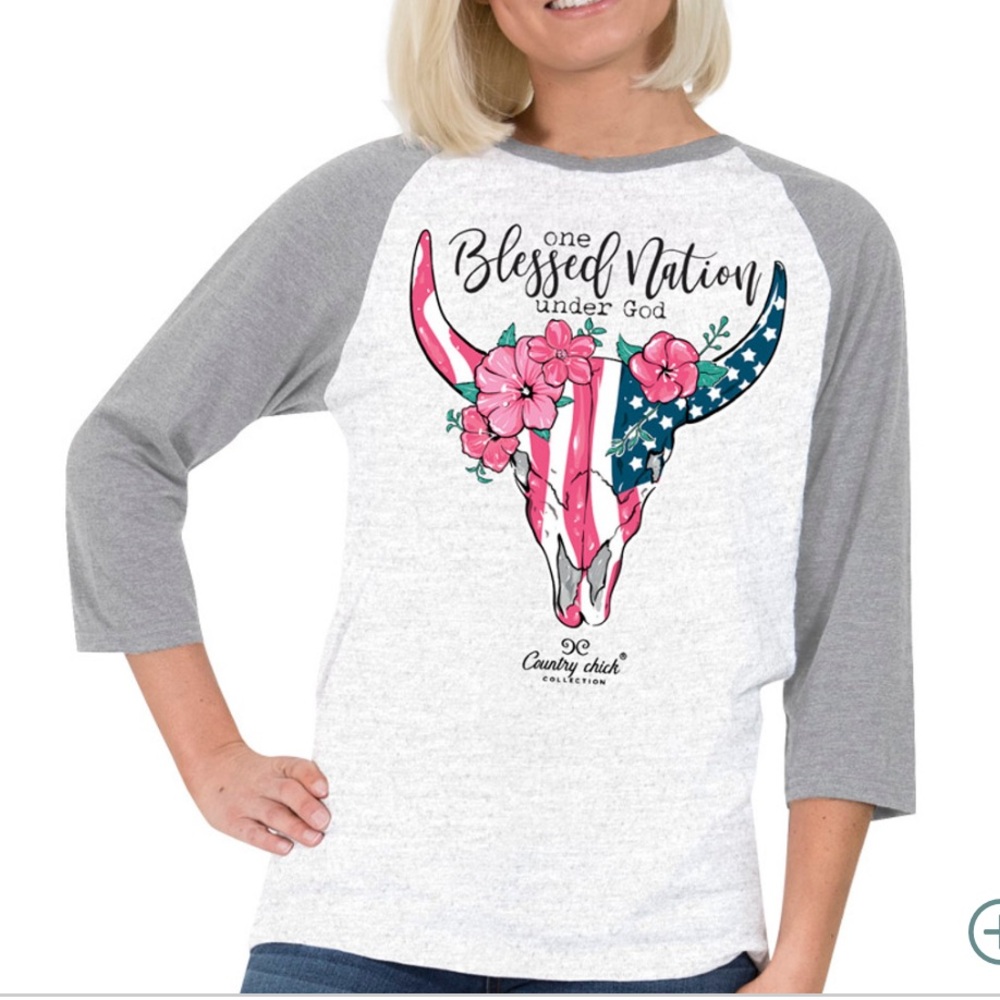 Country Chic • Blessed Nation Steer Skull 3/4 Sleeve Tee